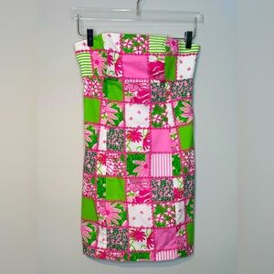 Lilly Pulitzer Strapless Patchwork Squares Pink Green Cotton Poplin Dress Size 2